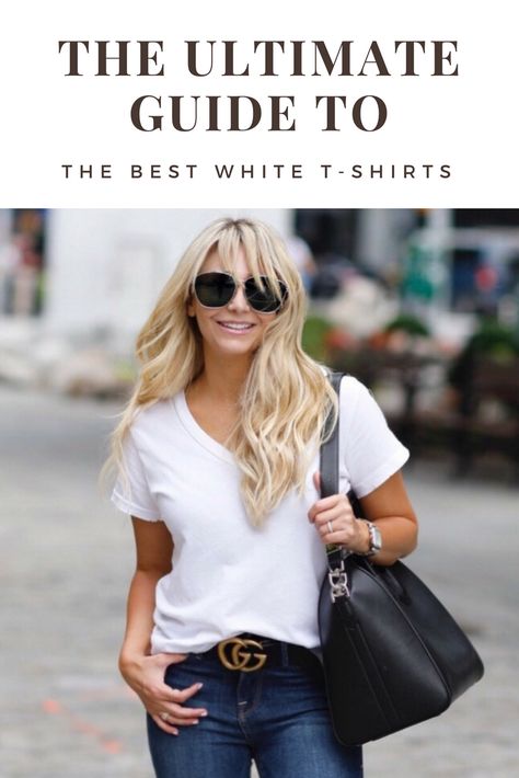 The best guide to choosing the perfect white t-shirt for your body type. #whitetee #tshirt #fashiontips #guide #fashionbloggers Best White Tshirts, Types Of T Shirts For Women, White Tshirt And Jeans Casual Looks, Jeans And White T Shirt Outfit, Womens White Tshirt, White T Shirt For Women, Jeans White Tee Outfit, Perfect White Tshirt, Best T Shirts