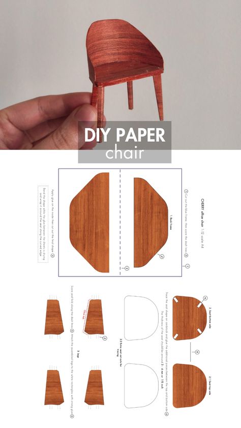 Craft your own miniature modern chair with this printable PDF template. Explore simple printables for easy paper crafting. Miniature Chair Template, Mini Chair Diy, Dollhouse Furniture Templates, Miniature Printables Templates, Mini Crafts Diy, Miniature Templates, Easy Diy Miniatures, Scale Tutorial, Diy Miniature Furniture