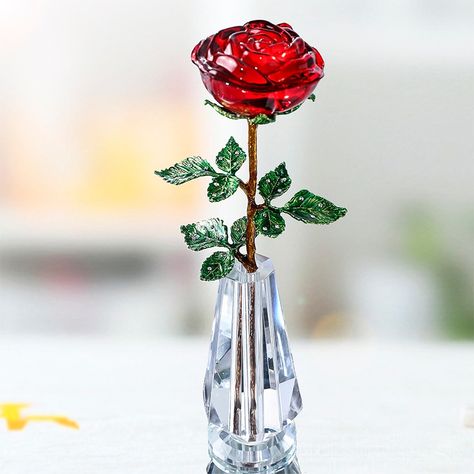 Crystal Red Rose Flower with Green Leaves & Crystal Vase Stand Romantic Christmas Valentine's Day Birthday Gift Home Decor Vase Stand, Swarovski Crystal Figurines, Crystal Paperweight, Rose Crafts, Romantic Christmas, Forever Gifts, Enchanted Rose, Red Rose Flower, Crystal Figurines