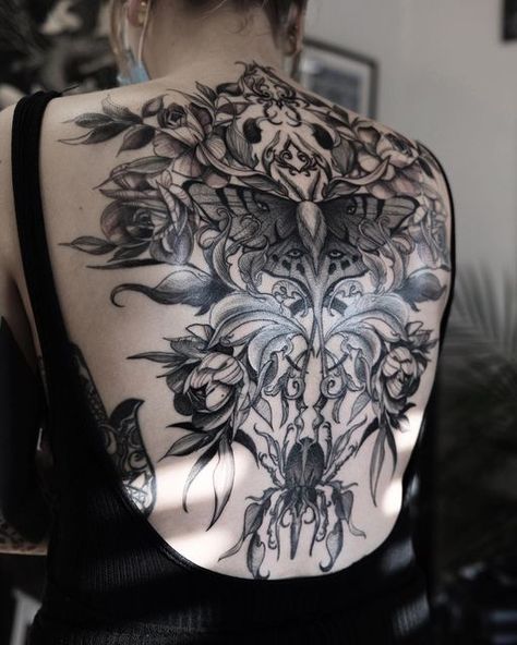 Victorian Back Tattoo, Full Back Nature Tattoo, Concept Back Tattoo, Full Backpiece Tattoo For Women, Pagan Back Tattoo, Illustrative Back Tattoo, Stomach Tattoo Cover Up, Goth Back Tattoo Women, Dark Feminine Tattoos Back