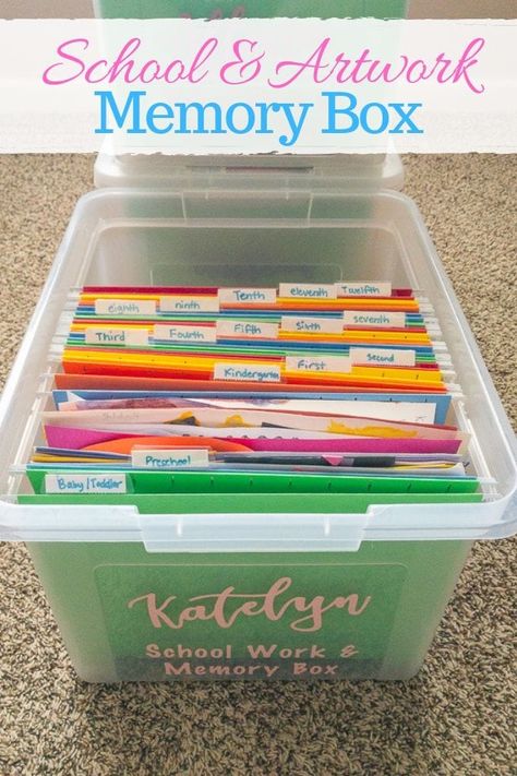 Are you not sure what to do with all of that school and artwork your kids bring home? Learn how to make your own school memory boxes. It's easier than you think to organize your kid's school and artwork! #cricut #cricutprojects #vinylprojects #schoolmemoryboxes Kids Paperwork Storage, School Project Storage Ideas, School Stuff Organization At Home, School Storage Ideas For Home, Kids School Art Storage, School Artwork Storage, School Year Keepsake Storage, Kindergarten Keepsake Boxes, School Work Storage Ideas