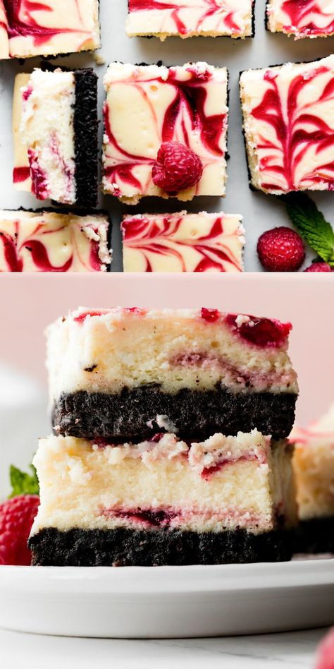 Raspberry Oreo Desserts, Raspberry Cheesecake With Chocolate Crust, Dark Chocolate Raspberry Cheesecake Bars, Raspberry Cheesecake With Oreo Crust, Mini White Chocolate Raspberry Cheesecake, White Chocolate Raspberry Cheesecake Cupcakes, Raspberry White Chocolate Cheesecake Bites, Oreo Raspberry Cheesecake, Cheesecake Bars Wedding