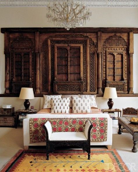 Show-stopping antique door and window panels add something truly unique to this globally inspired bedroom. Get the look with authentic old doors and gates from Asia and Africa at MIX! Indian Interior Design, Indian Room, India Home Decor, Indian Interiors, Indian Home Design, Ethnic Home Decor, October 19, Wood Doors Interior, Indian Home