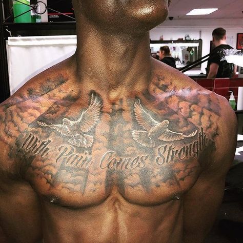 Chest Tattoo Clouds, Chest Tattoo Writing, Tattoo Dove, Cloud Tattoo Sleeve, Clouds Tattoo, Dark Skin Tattoo, Full Chest Tattoos, Black Men Tattoos, Tattoo Lion