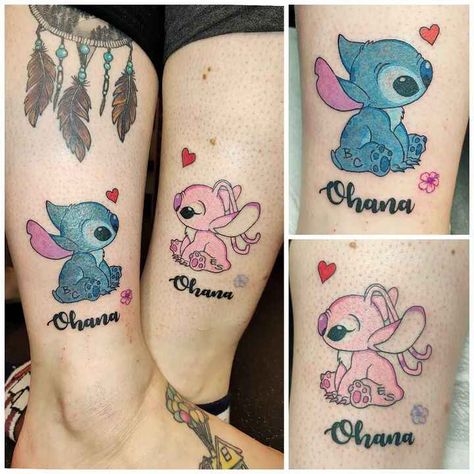 Stitch And Angel Tattoo Couple, Besties Tattoos, Dreamer Tattoo, Cute Disney Tattoos, Matching Tattoos For Couples, Disney Stitch Tattoo, Lilo And Stitch Tattoo, Couple Tattoo Ideas, 50 Tattoo