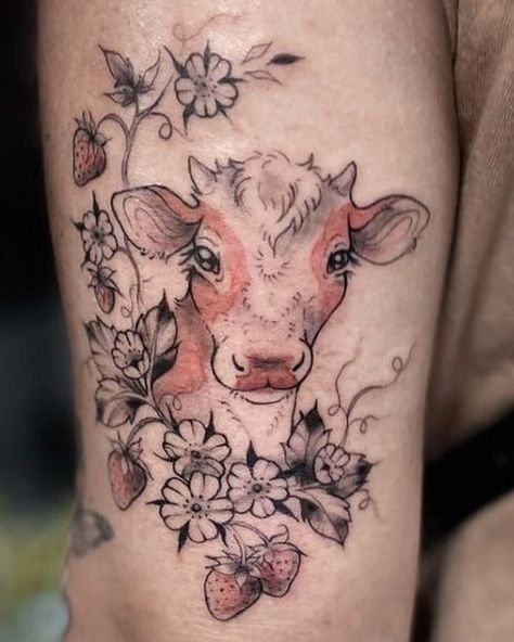 Step into the farmyard of fashion with cow tattoo designs! We've rounded up over 70 cow tattoo ideas that are just udderly irresistible. Cow And Moon Tattoo, Bros Tattoo Ideas, Cow Tattoos For Women, Baby Cow Tattoo, Veggie Tattoo, Cute Cow Tattoo, Tattoos For My Kids, Fairytale Tattoos, Cow Tattoo Ideas