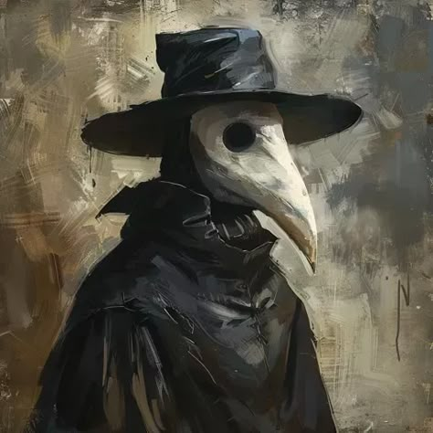 ↑↑↑ Larger size on website 🔸 The image is a portrait of a figure wearing a black plague doctor mask with a long beak and a wide-b 🔸 From Midjourney AI Image Black Plague Mask, Black Plague Doctor Mask, Dark Cloak, Doctor Portrait, Black Plague Doctor, Black Plague, Plague Mask, Muted Brown, Plague Doctor Mask