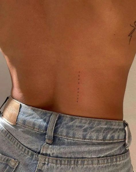 Tattoo Saying Placement Ideas, Places For Tattoos On Women Hidden, Short Spine Tattoo, Interesting Tattoo Placement, Low Back Tattoo Women Ideas, Back Minimalist Tattoo Women, Back Tattoo Women Fine Line, Side Of Back Tattoo, One Liner Tattoo