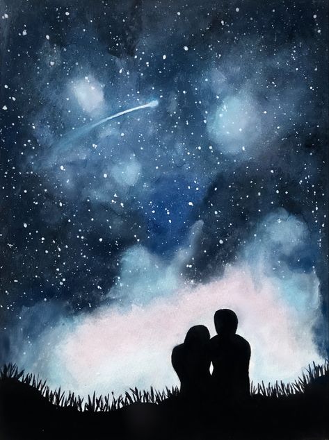 Couple Laying Under The Stars, Love Silouhette Aesthetic, Night Sky Couple Under The Stars Painting, Painting Of Stars Night Skies, Stars Night Painting, Painting Ideas On Canvas Aesthetic Couple, Stars Watercolor Painting, Night Stars Drawing, Stargazing Painting Easy