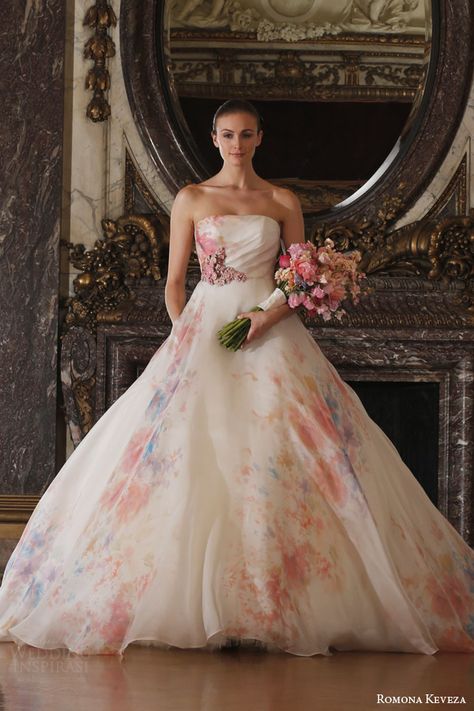 strapless ball gown italian silk organza soft floral watercolor print enamel floral brooch Rooftop Garden, Ramona Keveza, Wedding Dress Colors, Romona Keveza Wedding Dresses, Rooftop Gardens, Romona Keveza, Fashion Bride, Most Beautiful Wedding Dresses, Dress Colors