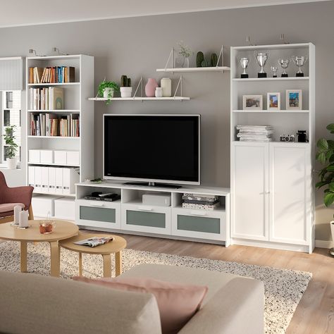 BILLY / BRIMNES TV storage combination - white - IKEA Glass Tv Unit, Tv Kastenwanden, Media Storage Unit, Billy Ikea, Storage Entertainment Center, Tv Bank, Ikea Ideas, Ikea Billy Bookcase, Tv Storage