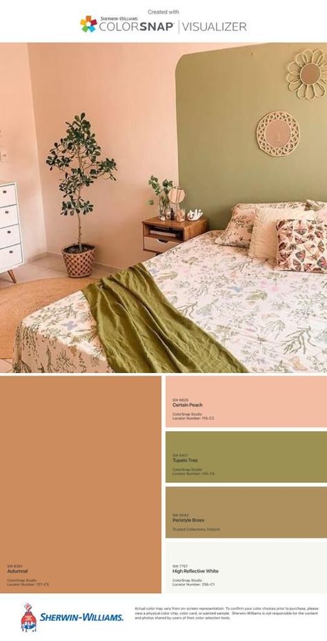 Peach And Green Bedroom, Peach Colored Rooms, Peach Bedroom Ideas, Wallpaper Behind Bed, Colour Combinations Interior, Peach Rooms, Peach Bedroom, Sage Bedroom, Tupelo Tree