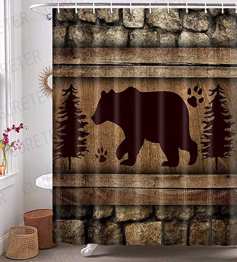 Black Bear Shower Curtain, Woodland Themed Bathroom, Cabin Apartment, Lodge Shower Curtain, Bear Bathroom Decor, Cabin Shower Curtain, Animal Bathroom Decor, Animal Bathroom, Forest Vintage