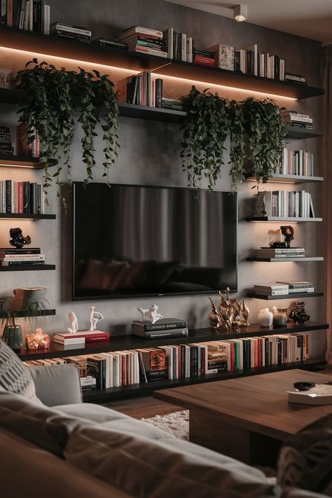 2 Tvs In Living Room, Dark Tv Stand, Library Tv Room, Room Entertainment Center Ideas, Living Room Entertainment Center Ideas, Bedroom Entertainment Center, Entertainment Center Ideas, Tv Unit Ideas, Tv Lounge