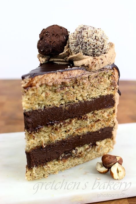 Hazelnut Sponge Cake with Truffle Ganache Filling - Gretchen's Vegan Bakery Vegan Hazelnut, Hazelnut Meringue, Hazelnut Recipes, Vegan Buttercream, Sponge Cake Recipe, Ganache Filling, Ganache Recipe, Hazelnut Cake, Vegan Cakes