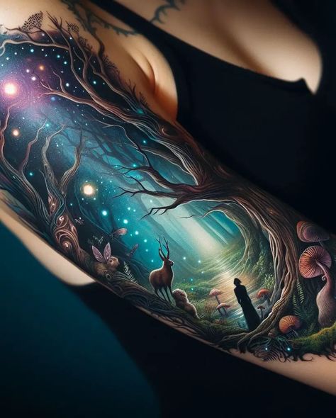 11 Enchanting Hand Tattoos Ideas to Spark Inspiration | Pocoko Mystical Forest Tattoo, Magic Forest Tattoo, Forest Arm Tattoo, Wicked Tattoo Ideas, Enchanted Forest Tattoo, Gg Tattoo, Sam Tattoo, Vertical Tattoo, Mystical Elements