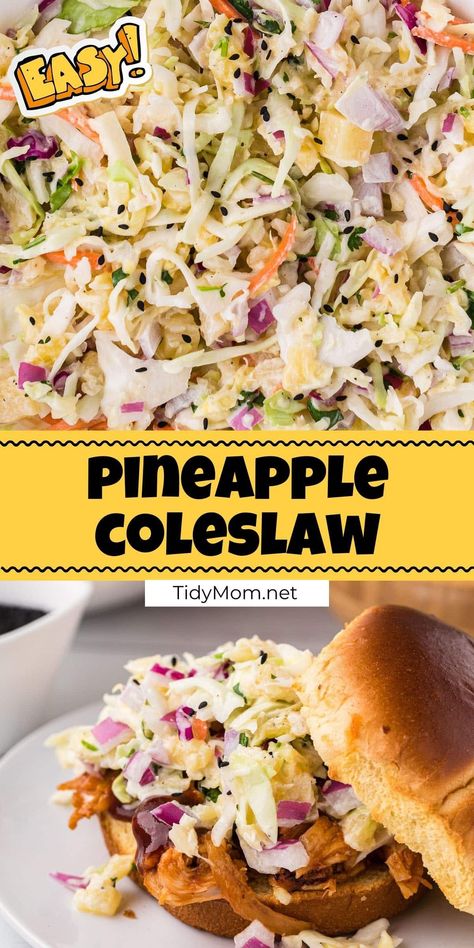 Pineapple Coleslaw is the perfect side dish for your favorite summer grilled foods or topping for pulled pork sandwiches and chicken burgers. Pineapple slaw brings together a sweet and savory tropical twist on traditional coleslaw that is sure to be a hit. PRINTABLE RECIPE for Hawaiian Slaw at TidyMom.net Grilled Pineapple Coleslaw, Easter Coleslaw, Pineapple Slaw For Fish Tacos, Tropical Coleslaw Recipes, Pulled Pork Easter Dinner, Hawaiian Slaw Recipe, Pineapple Coleslaw Recipe Easy, Pull Pork Sides, Hawaiian Bbq Sides