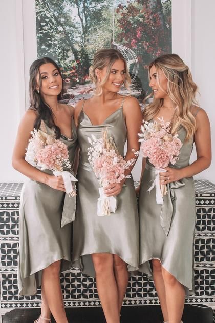 High Low Bridesmaid Dresses, Spaghetti Strap Bridesmaids Dresses, Tea Length Bridesmaid Dresses, Satin Bridesmaid Dresses, Short Bridesmaid Dresses, Khaki Dress, Wedding Bridesmaid Dresses, Green Silk, Wedding Bridesmaids