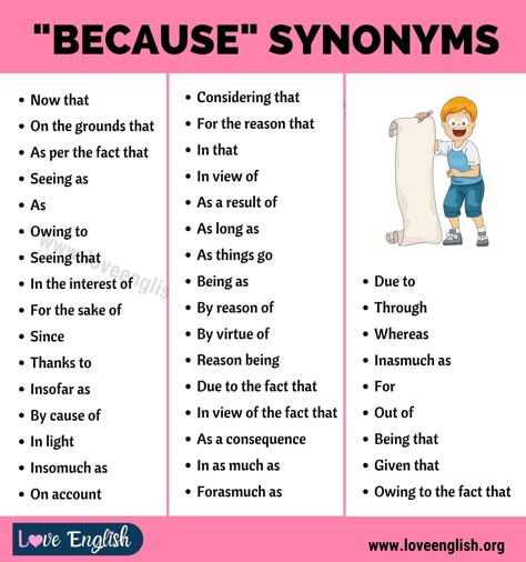 Synonyms Of Because, Synonym For Because, More Synonyms For Because, Because Synonyms, Essay Writing Skills, Descriptive Words, Interesting English Words, Good Vocabulary Words, Good Vocabulary