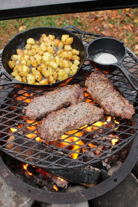 Savory Steak and Potatoes - Over The Fire Cooking Steak And Potatoes Camping, Campfire Steak And Potatoes, Cooking Steak Over Campfire, Camping Steak Dinner, Campfire Steaks, Campfire Steak, Camping Steak, Fire Meals, Homemade Steak Sauce