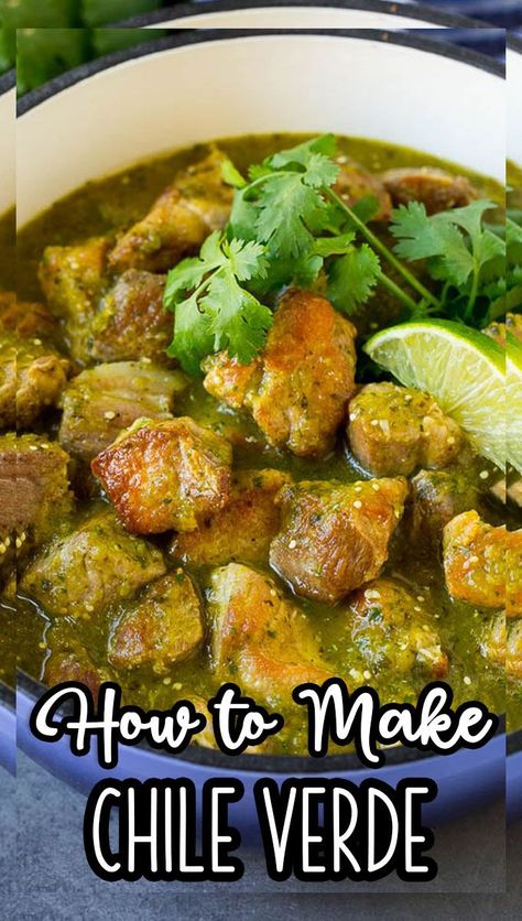 This chile verde is chunks of pork in a green tomatillo sauce, all simmered together until the meat is fall-apart tender. Green Chili Verde Sauce, Pork Chili Verde Stew, How To Make Chile Verde, Pork Chili Verde Easy, Homemade Chili Verde Sauce, Authentic Pork Green Chili Recipe, Chili Verde Pork With Potatoes, Chili Verde Pork Chops, Green Chile Pork Tacos