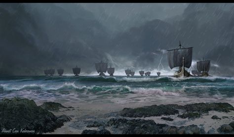 ArtStation - They're coming!, Ahmet Can Kahraman Viking Aesthetic, Norse Myth, Viking Ship, Viking History, Viking Art, Fantasy City, Fantasy Places, Medieval History, Fantasy Concept Art