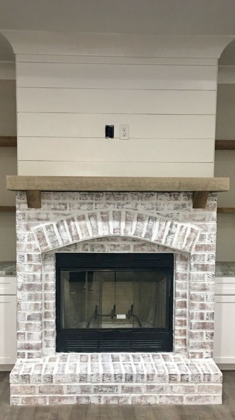 Gas Insert Fireplace Ideas Farmhouse, White Rustic Fireplace, Gas Brick Fireplace, White And Brick Fireplace, Refinished Brick Fireplace, Modern Farmhouse Brick Fireplace, Shiplap Fireplace With Brick, Brick Wood Burning Fireplace, Ventless Fireplace Ideas