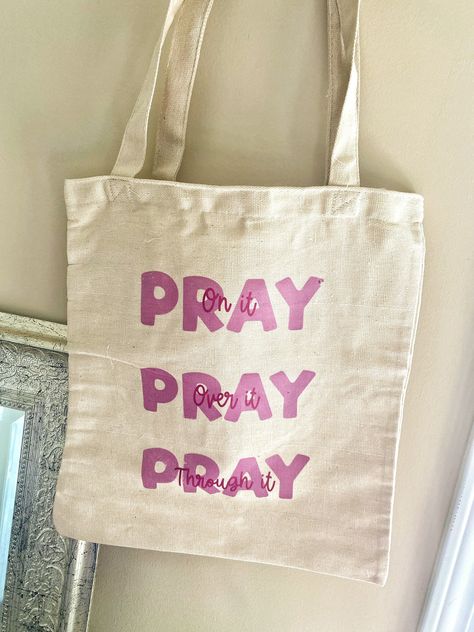 Jesus Tote Bag Painting Ideas, Pray On It Pray Over It Pray Through It, Bible Bags Totes Diy Paint, Bible Tote Bag Painting Ideas, Bible Bags Totes Diy, Bible Study Tote Bag, Bag Painting Ideas, Jesus Merch, Jesus Tote Bag