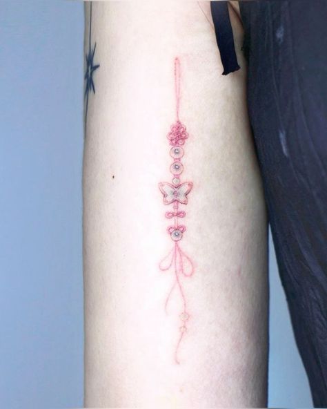 Dainty Jellyfish Tattoo, Cute Korean Tattoo, Spring Day Tattoo, Dainty Back Tattoos For Women, Norigae Tattoo, Tattoo Dainty, Trippy Tattoo, Dainty Tattoo, Magic Runes