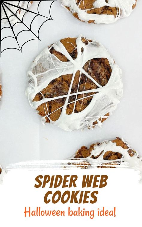 Chocolate cookies with marshmallow web on a white surface. Brown and orange text overlay. Spider Chocolate Chip Cookies, Spiderweb Dessert, Marshmallow Spiders, Marshmallow Spider Web, Marshmallow Web, Halloween Baking Recipes, Fall Sleepover, October Recipes, Spider Web Cookies