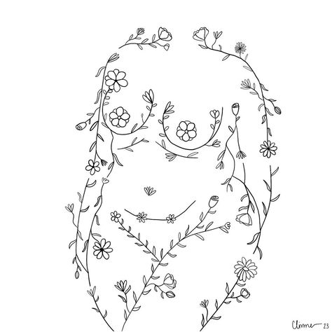 Body Outline Tattoo With Flowers, Illustrative Patchwork Tattoo, Flower Body Drawing, Plus Size Body Tattoo, Women Body Outline Tattoo, Plus Size Woman Tattoo, Body Positive Drawing Art, Plus Size Body Art, Body Positive Tattoos For Women