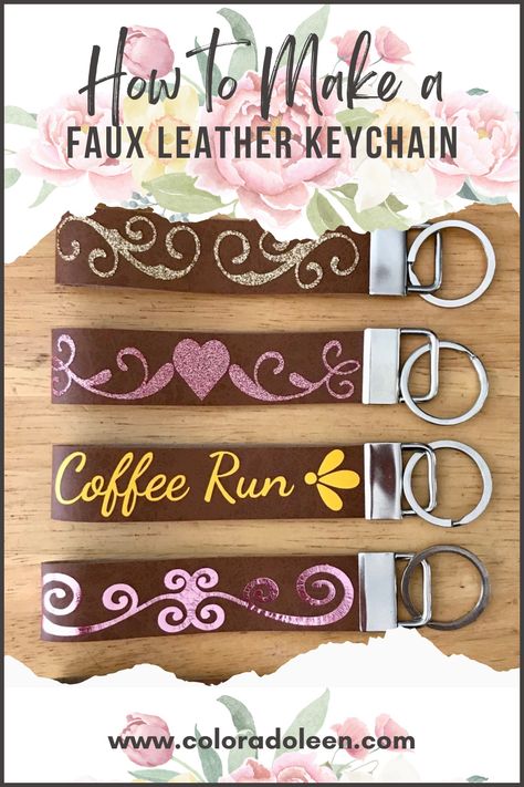 Join me as I share how to make Faux Leather Keychains and decorate them with Siser Easyweed and Sparkle HTV! Htv On Faux Leather Keychain, Faux Leather Key Chain, Faux Leather Scrap Projects, Cricut Leather Keychain Ideas, Faux Leather Keychain Cricut Svg Free, Leather Making Projects, Faux Leather Ideas, Faux Leather Cricut Projects, Cricut Leather Projects