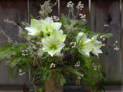 Beautiful white amaryllis arrangement by Florali - Fine Flowers  CA Amaryllis Arrangement, Amaryllis Christmas, White Amaryllis, Xmas Table Decorations, Altar Arrangement, Contra Costa County, Christmas Flower Arrangements, Local Color, Christmas Mantel Decorations