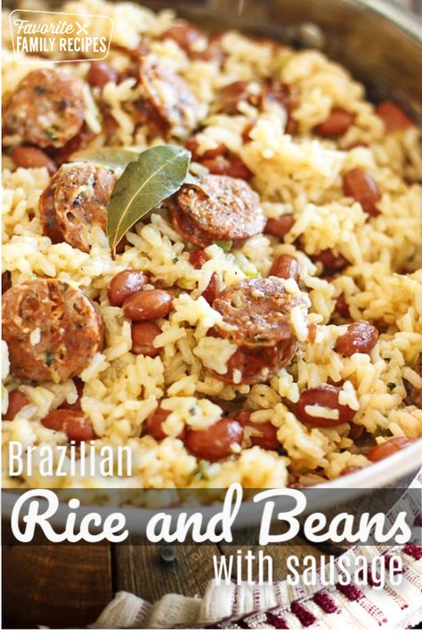 Brazilian Rice and Beans with Sausage is a simple to make recipe that is bursting with savory flavor! A one dish meal ready in less than 30 minutes! #Brazilianfood #Brazilianbeansandricewithsausage #beansandrice  #Braziliansidedish #FavoriteFamilyRecipes Brazilian Rice, Brazilian Beans, Rice With Sausage, Brazilian Dishes, Rice And Beans, Outback Steakhouse, Beans And Rice, Rice Dish, Brazilian Food