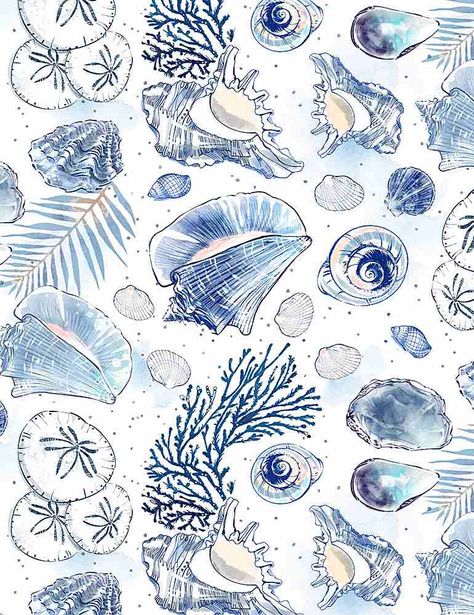 Nautical Fabric, Beach Wall Collage, Ocean Fabric, Beach Fabric, Timeless Treasures Fabric, Ocean Treasures, Blue Shell, Wallpaper Collage, Preppy Wallpaper