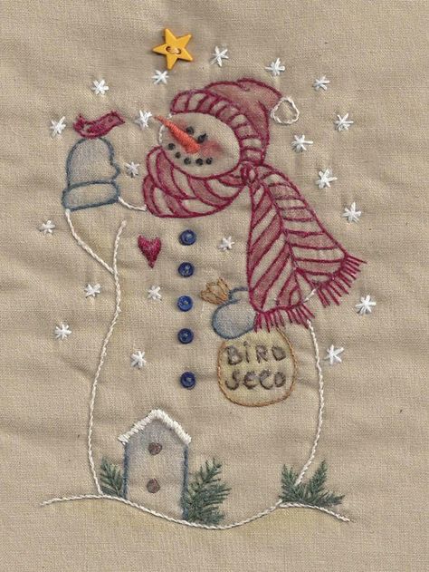 CK09T Snowman With Bird Seed - 724696463085 Christmas Hand Embroidery, Merry Chistmas, Primitive Stitchery, Snowman Quilt, Wool Applique Patterns, Christmas Embroidery Patterns, Tree Snowman, Christmas Embroidery Designs, Tea Dyeing