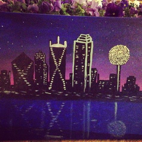 Paint Nite - Dallas skyline Dallas Skyline Painting, Night Painting Ideas, Dallas At Night, Dallas Skyline, Skyline Painting, Drawings Photography, Paint Nite, Church Poster, Hollywood Walk Of Fame Star