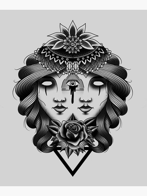 "2 heads Gemini" Art Print by Diardo | Redbubble Spooky Gemini Art, American Traditional Gemini Tattoo, Gemini Art Illustrations, Gemini Art Tattoo, Gemini Drawing, Gemini Style, Gemini Tattoo Designs, Gemini Art, Easy Mandala