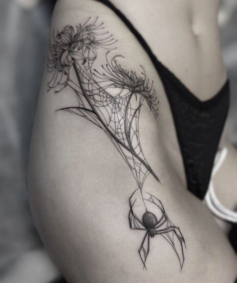 Creepy Plant Tattoo, Floral Tattoos Black And White, Tato Panda, Spider And Flower Tattoo, Arm Pit Tattoo, Spooky Floral Tattoo, Woman Leg Tattoo, Bmw Tattoo, Bmth Tattoo