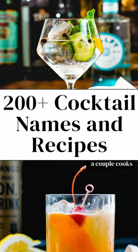 This list of cocktail names has everything from common cocktails to fancy and unique alcoholic drinks! There's something for everyone here. #cocktails #cocktailnames #cocktaillist #commoncocktails List Of Cocktails, Basic Cocktails To Know, Common Cocktails Recipes, List Of Alcoholic Drink Names, Common Alcoholic Drinks, Most Popular Cocktail Recipes, Most Common Cocktails, Drinks Based On Personality, Cocktails With Funny Names