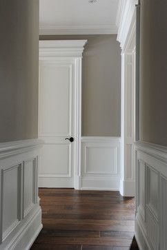 Beautiful molding on walls and around doors Elegant Trim Work, Gray Wainscoting White Walls, White Wainscoting Dark Walls, French Country Trim, Living Room Wainscoting, Door Pediment, Door Crown, Foyer Hallway, White Crown