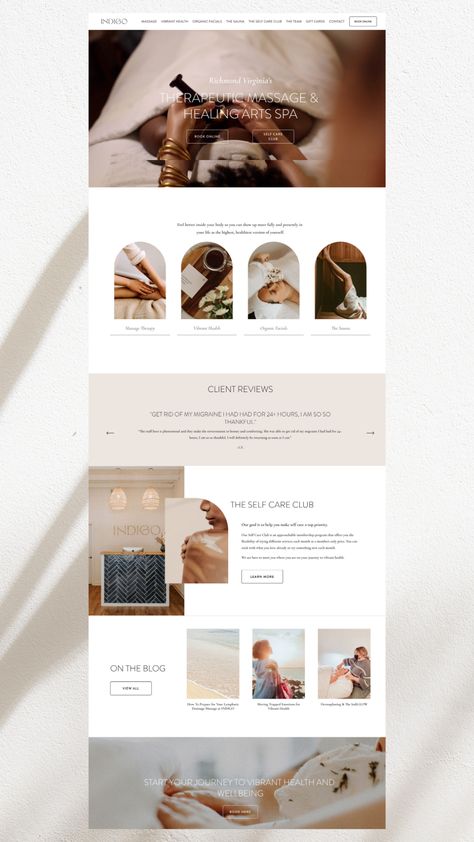 Massage and Healing arts spa website design inspiration on Squarespace - Self Care minimal asethetic design wows clients and helps them feel calm and comfortable while booking their next appointment to grow your wellness business! Wellness Landing Page, Med Spa Website Design, Massage Therapy Website Design, Calming Website Design, Massage Website Design Inspiration, Spa Web Design, Calm Website Design, Elegant Website Design Inspiration, Healing Website Design