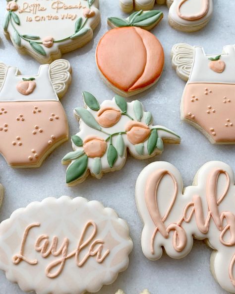 Sweet As A Peach Cookies, Peach Decorated Cookies, One Sweet Peach Cookies, Peach Cookies Decorated, Peach Baby Shower Cookies, Peach Sugar Cookies, Peach Pallete, Peach Items, Peach Birthday