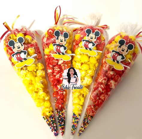 Mickey Inspired Candy Popcorn Minnie Mouse Popcorn, Mickey Mouse Treat Table, Mickey Mouse Popcorn, Mickey Mouse Treats, Mickey Mouse Birthday Decorations, Tropical Wedding Cake, Mickey Clubhouse, Mickey Mouse Themed Birthday Party, Mickey Mouse First Birthday