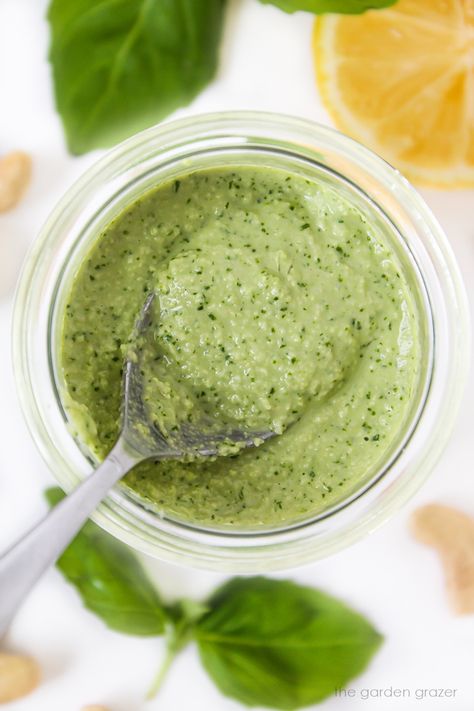 Cashew Basil Pesto (Oil-Free) Cashew Pesto Recipe, Dairy Free Pesto, Vegan Pesto, Vegan Parmesan Cheese, Basil Recipes, Creamy Pesto, Raw Cashews, Homemade Pesto, Oil Free Vegan