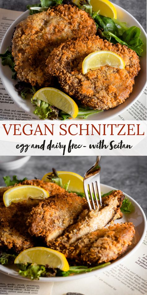 Crispy vegan schnitzel on a plate Seitan Pork Chops, Vegan Seitan Recipes, Seitan Meals, Vegan German Recipes, Recipes With Seitan, Vegetarian Schnitzel, Seitan Recipes Vegan, Seitan Dishes, Vegan Schnitzel Recipe