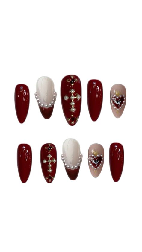 Red colour pretty nail set with a little gothic style with cross 💅🏻🫶🏻 Cherry Red Nails, Cross Nail Art, Gothic Nail Art, Cross Nails, Red Gothic, Gothic Nails, Gothic Crosses, Nails Set, Red Colour