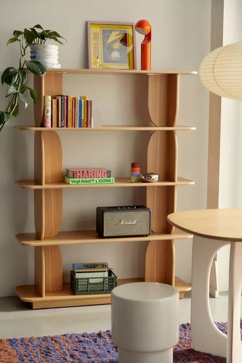 Silas Bookshelf | Urban Outfitters Interior Design Bookshelves, Design Bookshelves, Modern Bookshelf Design, Bookshelf Designs, Low Bookshelves, Solid Wood Bookshelf, Contemporary Home Interior, Round Shelf, Antique Shelves