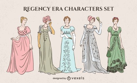 Regency Era Women, The Regency Era, Black Women Regency Era, Regency Era Art, Regency Dress Drawing, Regency Period Aesthetic, Regency Era Fashion Women, Regency Era Character Design, Regency Era Accessories