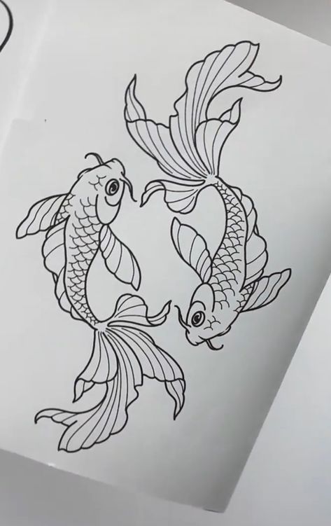 Cute Pisces Tattoos, Pisces Tattoo Traditional, Pisces Tattoo Stencil, Koi Outline, Pisces Drawing Ideas, Tattoo Ideas Pisces, Koi Fish Tattoo Outline, Koi Fish Patchwork Tattoo, Pisces Fish Tattoo Stencil